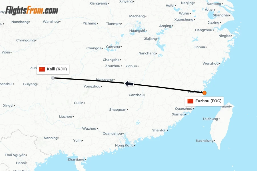 Flights from Fuzhou to Kaili route map