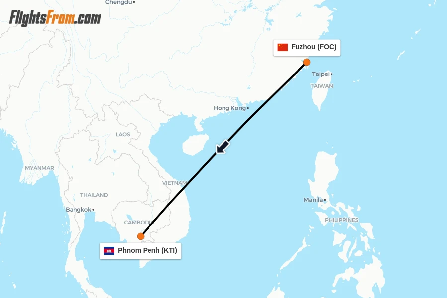 Flights from Fuzhou to Phnom Penh route map