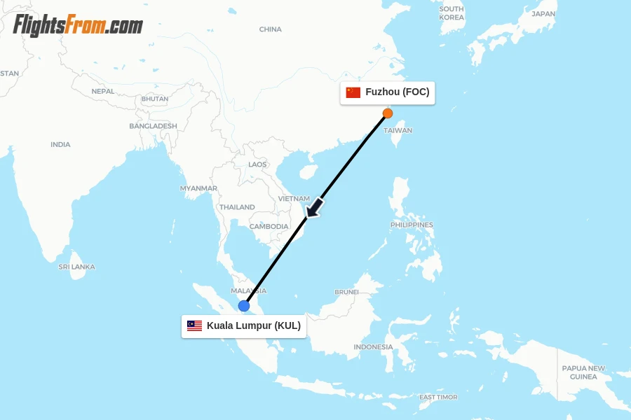 Flights from Fuzhou to Kuala Lumpur route map