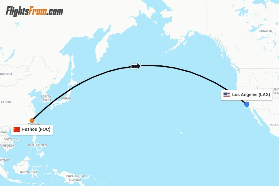 Flights from Fuzhou to Los Angeles route map