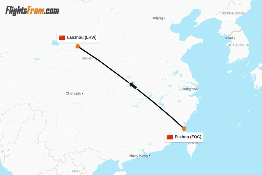 Flights from Fuzhou to Lanzhou route map