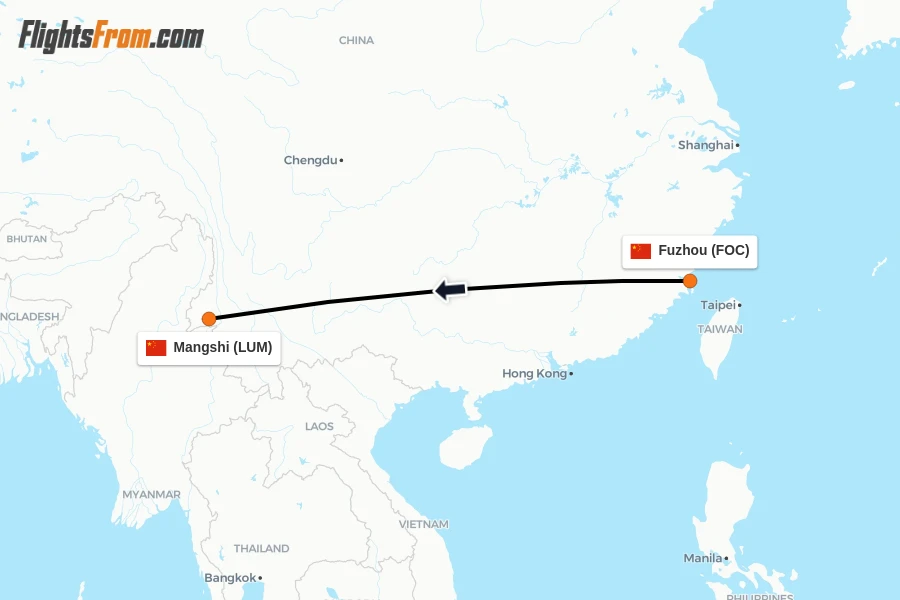 Flights from Fuzhou to Mangshi route map