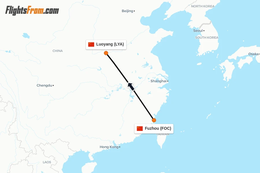 Flights from Fuzhou to Luoyang route map