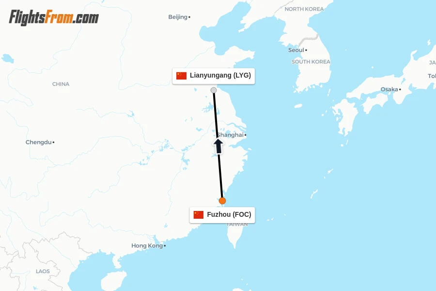Flights from Fuzhou to Lianyungang route map