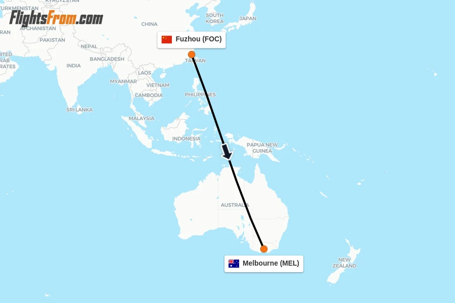 Flights from Fuzhou to Melbourne route map