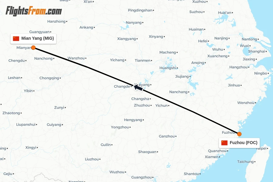Flights from Fuzhou to Mian Yang route map