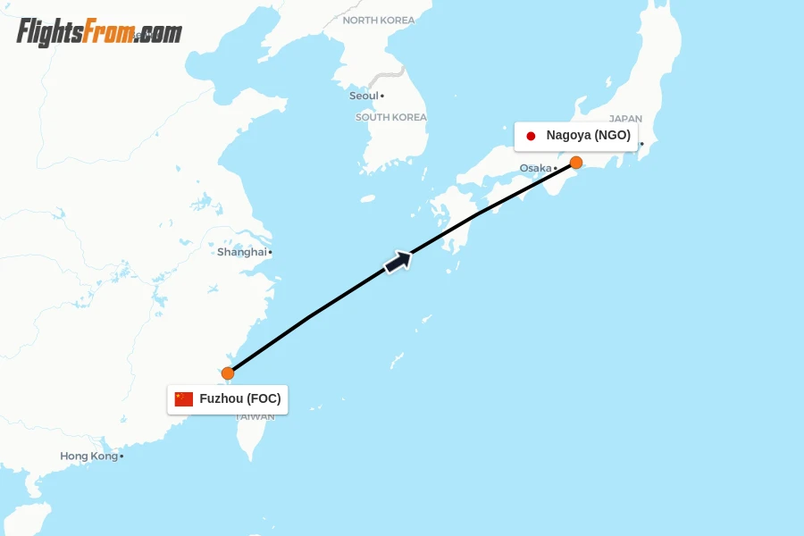 Flights from Fuzhou to Nagoya route map