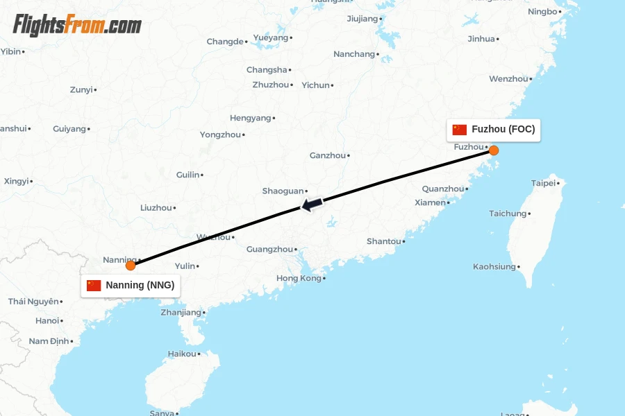 Flights from Fuzhou to Nanning route map