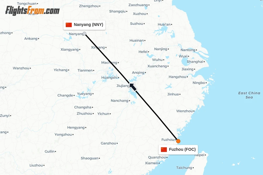 Flights from Fuzhou to Nanyang route map
