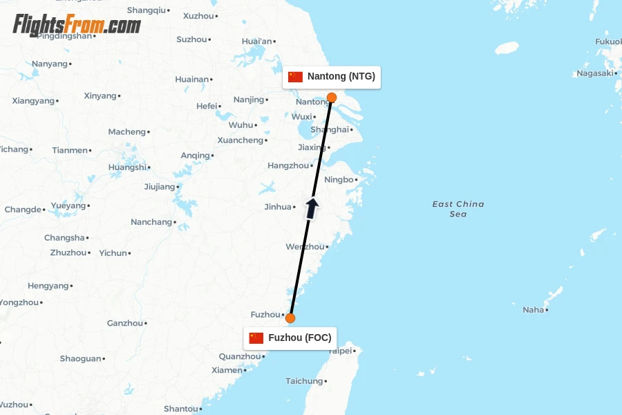 Flights from Fuzhou to Nantong route map