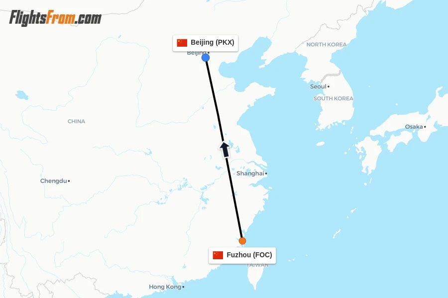 Flights from Fuzhou to Beijing route map