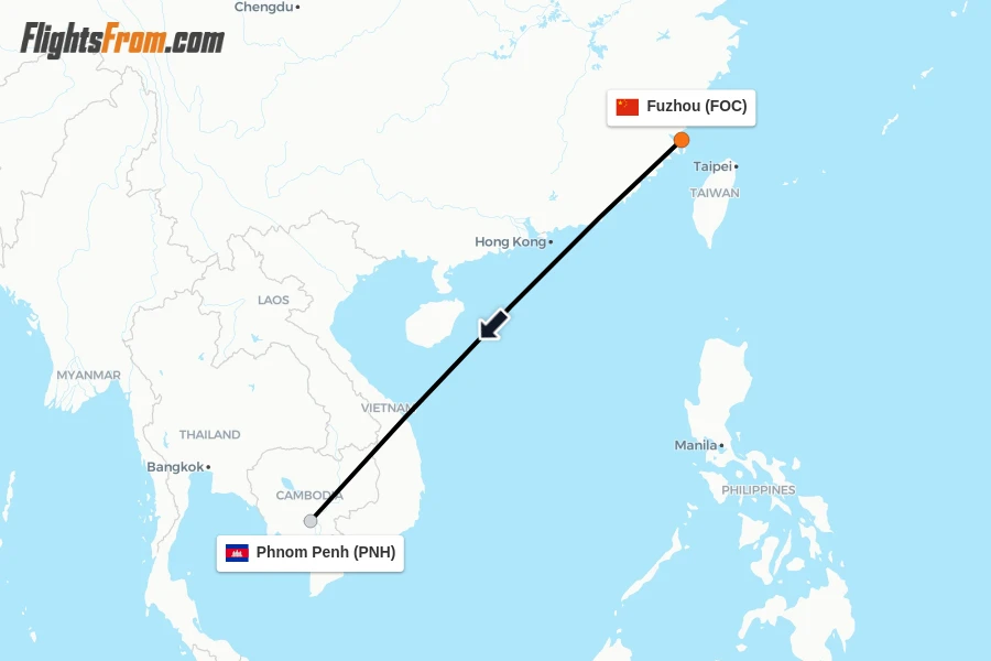 Flights from Fuzhou to Phnom Penh route map