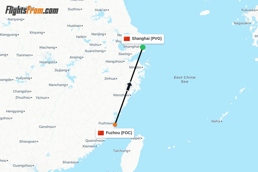 Flights from Fuzhou to Shanghai route map