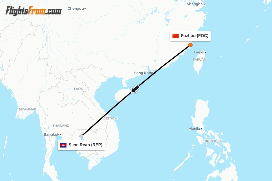 Flights from Fuzhou to Siem Reap route map