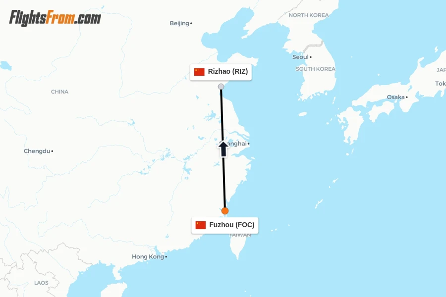 Flights from Fuzhou to Rizhao route map