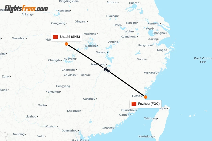 Flights from Fuzhou to Shashi route map