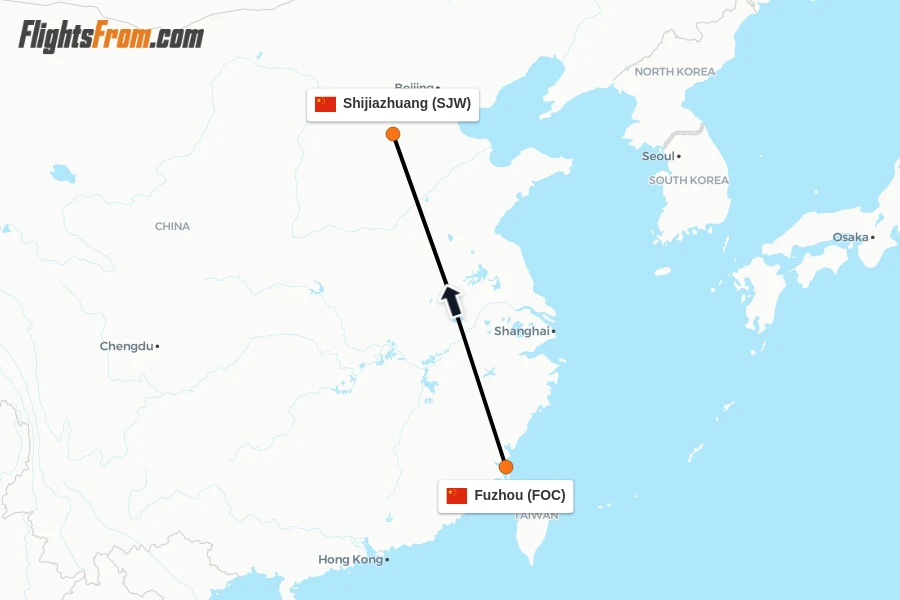 Flights from Fuzhou to Shijiazhuang route map