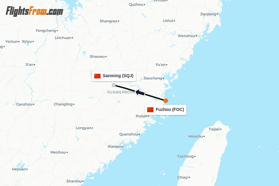 Flights from Fuzhou to Sanming route map
