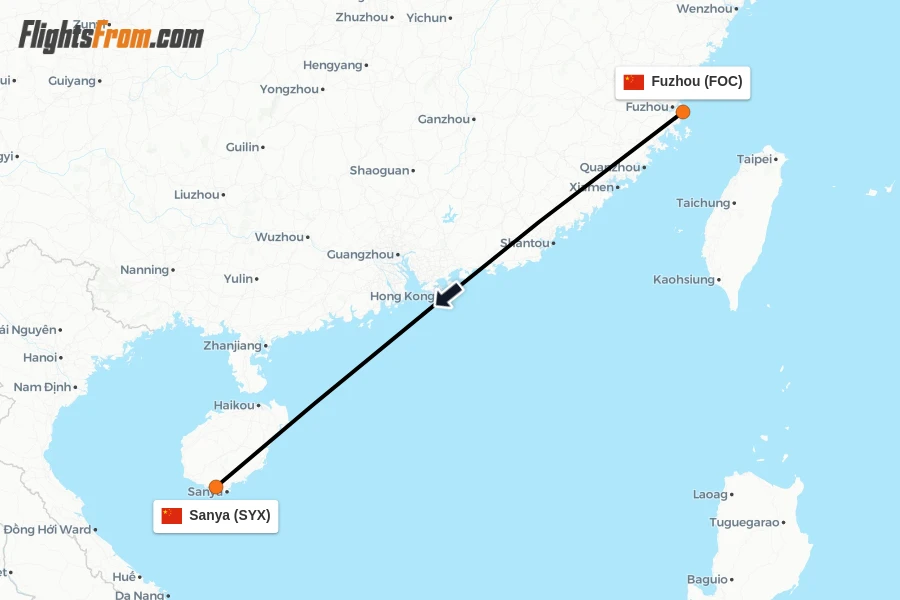 Flights from Fuzhou to Sanya route map