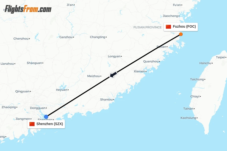 Flights from Fuzhou to Shenzhen route map