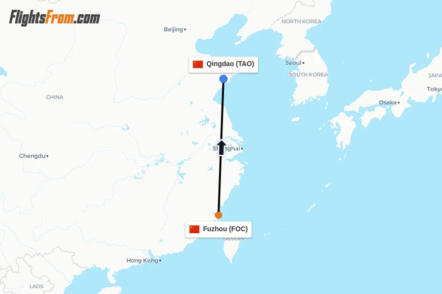 Flights from Fuzhou to Qingdao route map