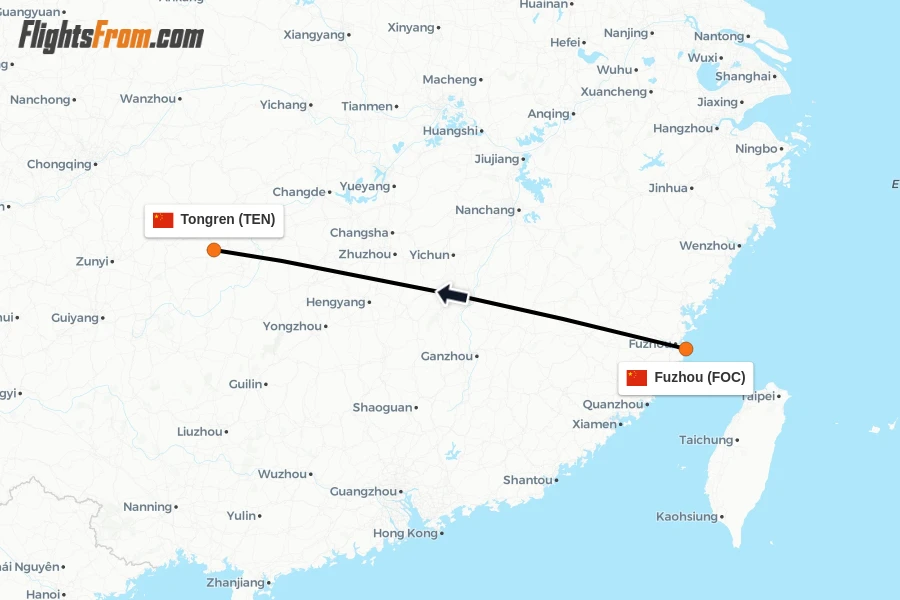 Flights from Fuzhou to Tongren route map
