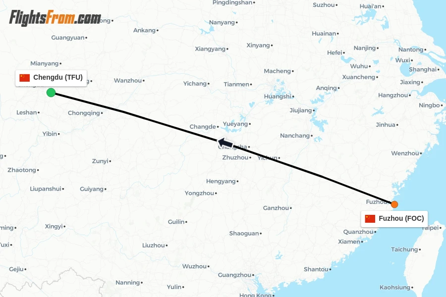 Flights from Fuzhou to Chengdu route map