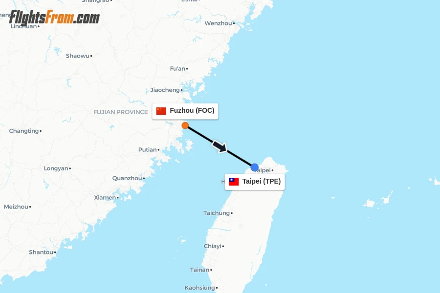 Flights from Fuzhou to Taipei route map