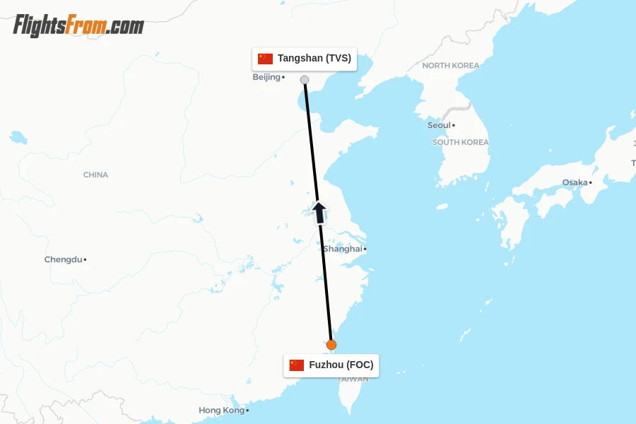 Flights from Fuzhou to Tangshan route map