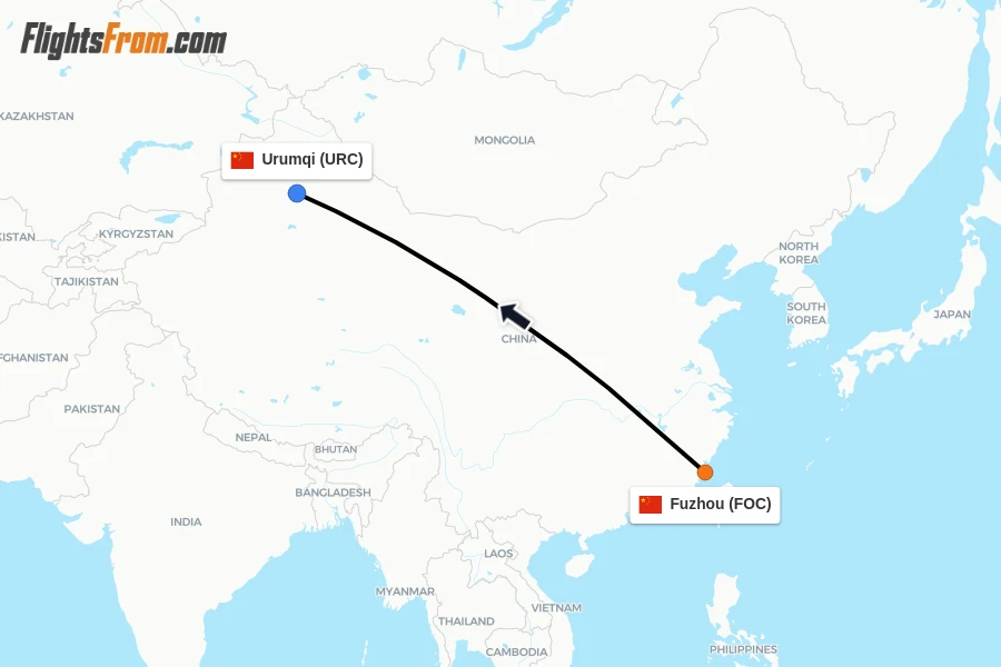Flights from Fuzhou to Urumqi route map