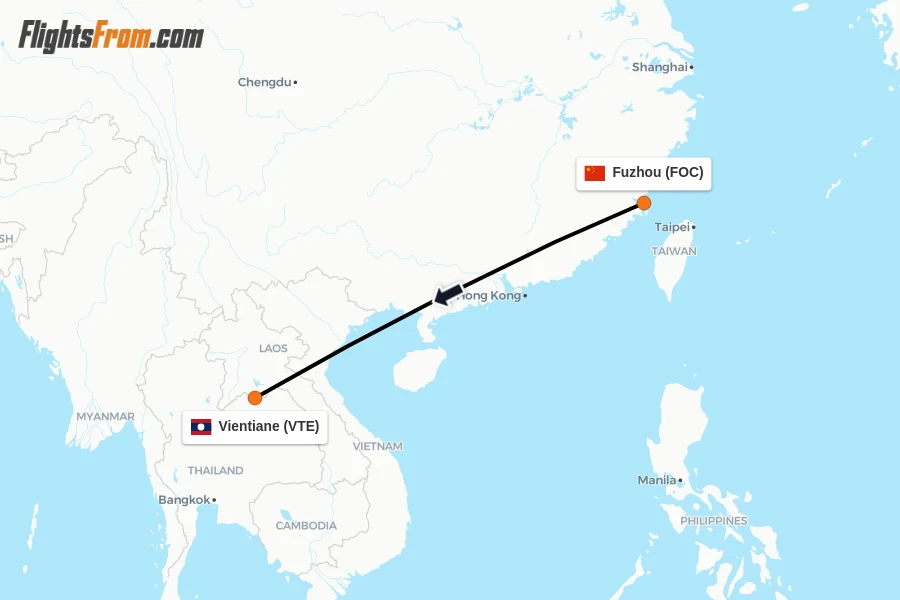 Flights from Fuzhou to Vientiane route map