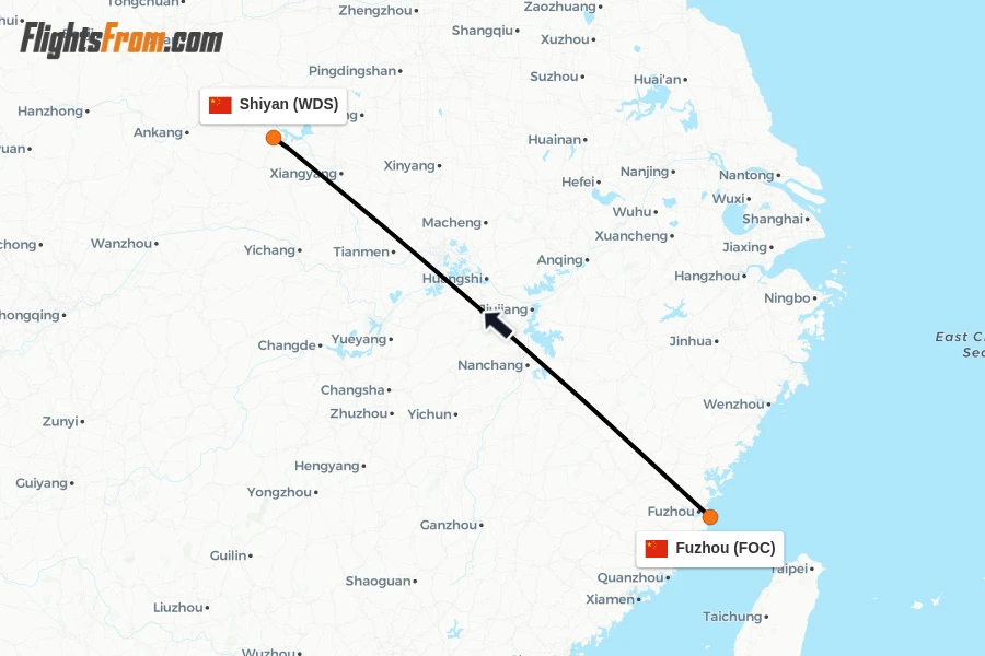 Flights from Fuzhou to Shiyan route map