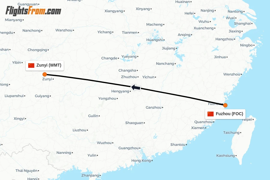 Flights from Fuzhou to Zunyi route map