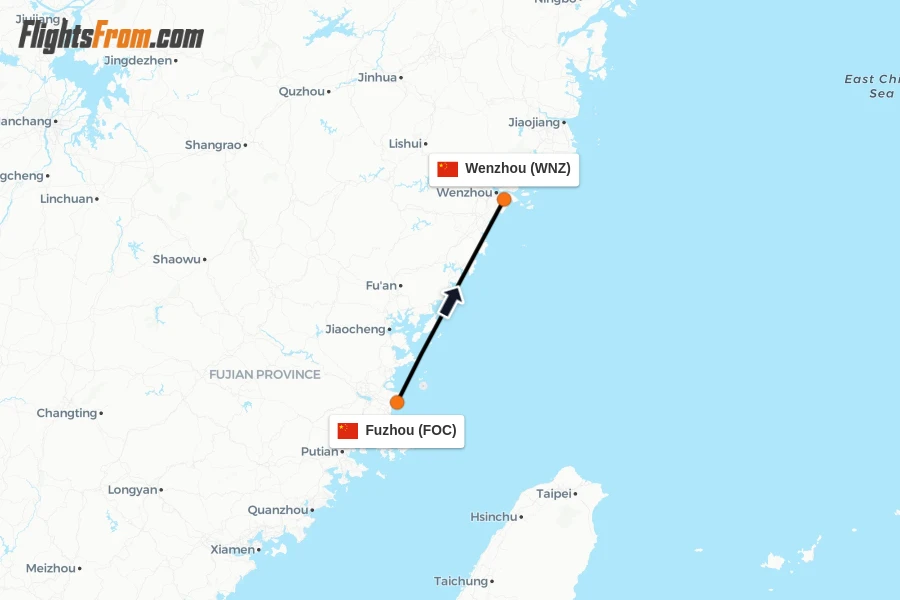 Flights from Fuzhou to Wenzhou route map