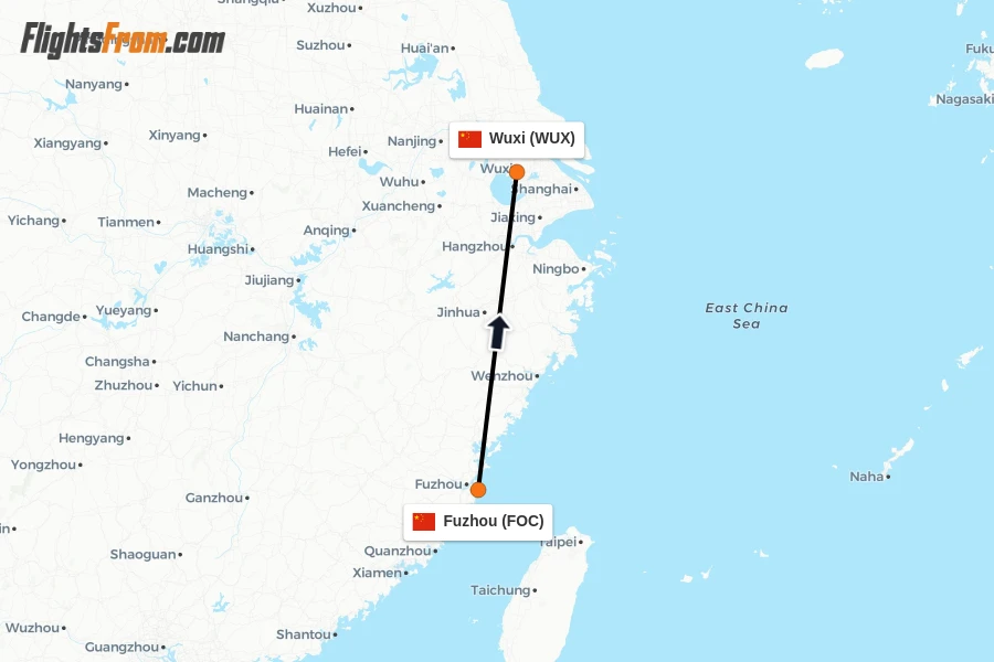 Flights from Fuzhou to Wuxi route map