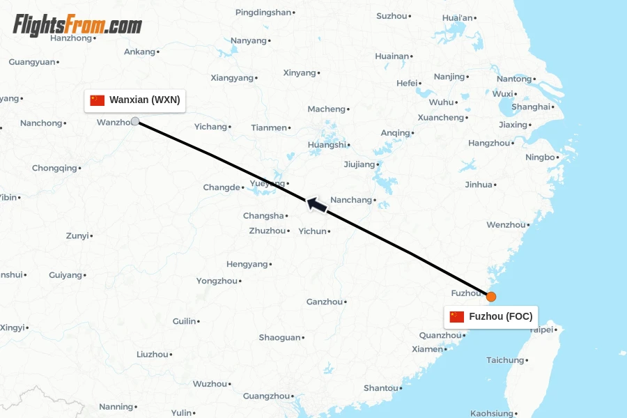 Flights from Fuzhou to Wanxian route map