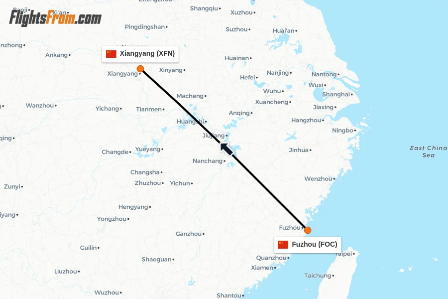 Flights from Fuzhou to Xiangyang route map