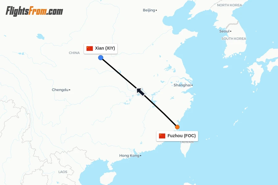 Flights from Fuzhou to Xian route map