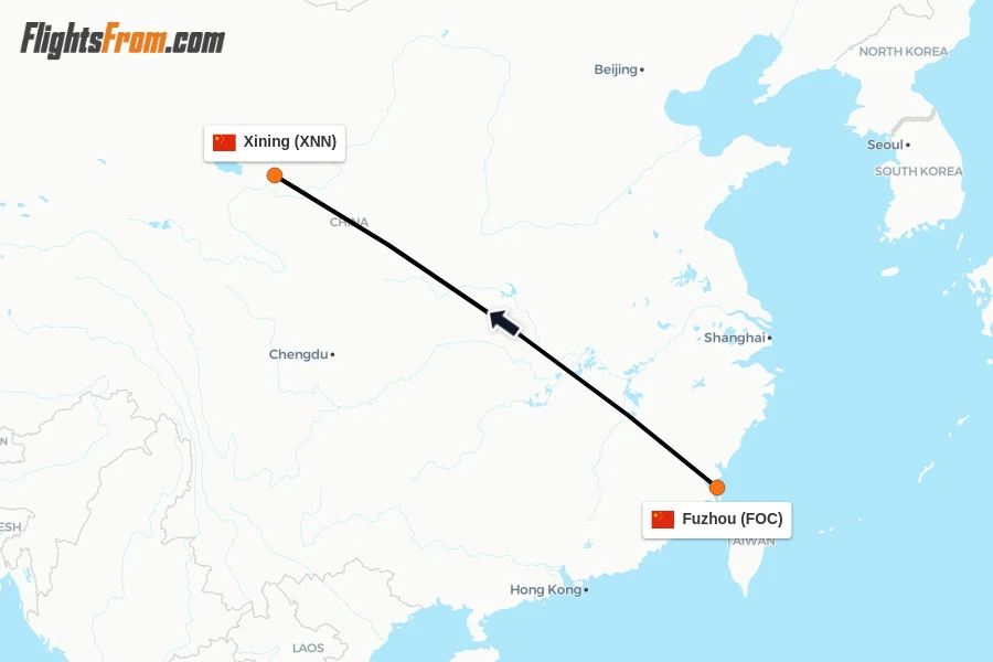 Flights from Fuzhou to Xining route map