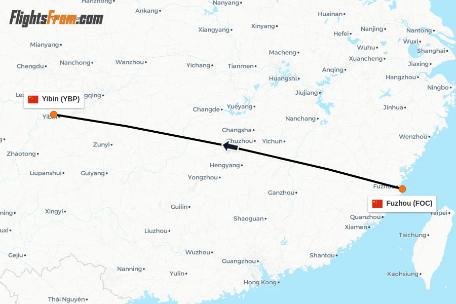 Flights from Fuzhou to Yibin route map