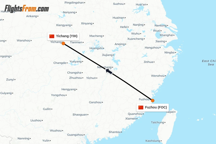Flights from Fuzhou to Yichang route map