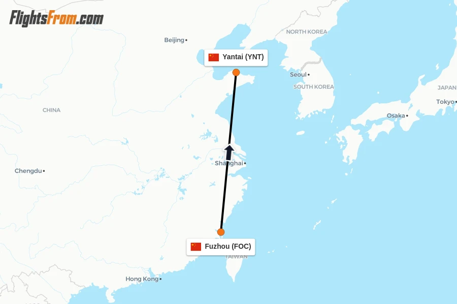 Flights from Fuzhou to Yantai route map