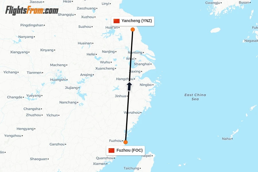 Flights from Fuzhou to Yancheng route map