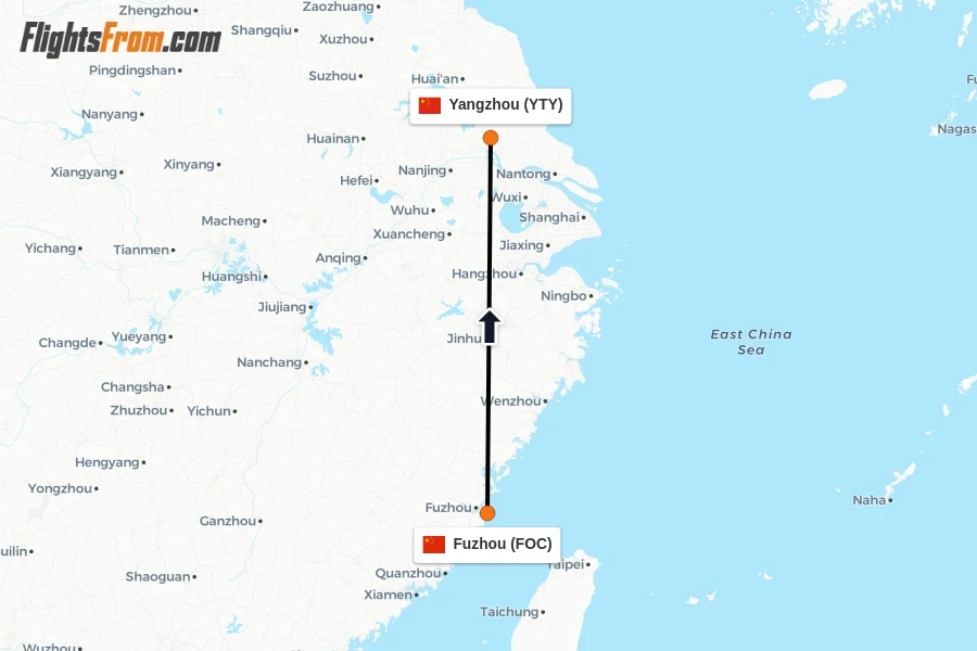 Flights from Fuzhou to Yangzhou route map