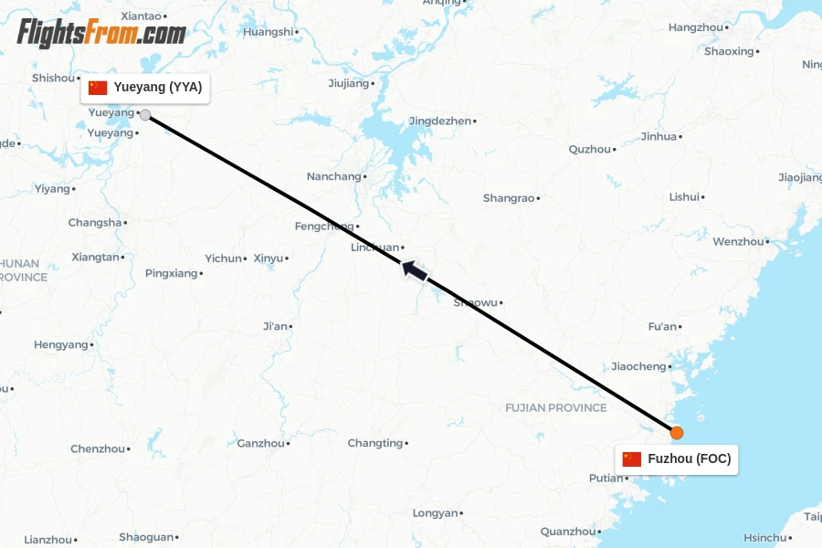 Flights from Fuzhou to Yueyang route map
