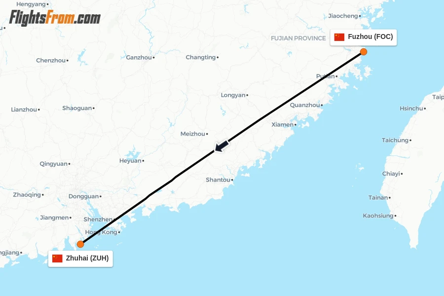 Flights from Fuzhou to Zhuhai route map