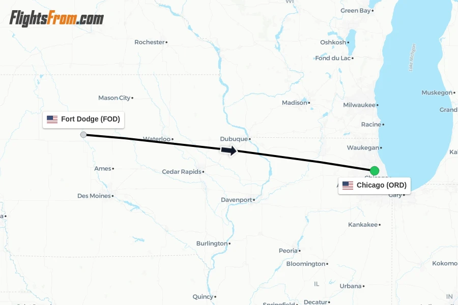 Flights from Fort Dodge to Chicago route map