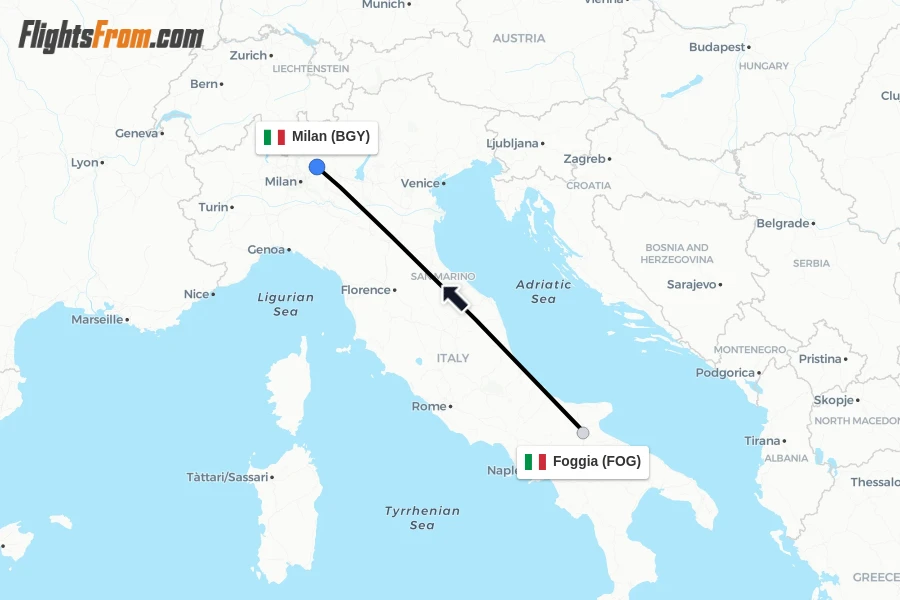 Flights from Foggia to Milan route map