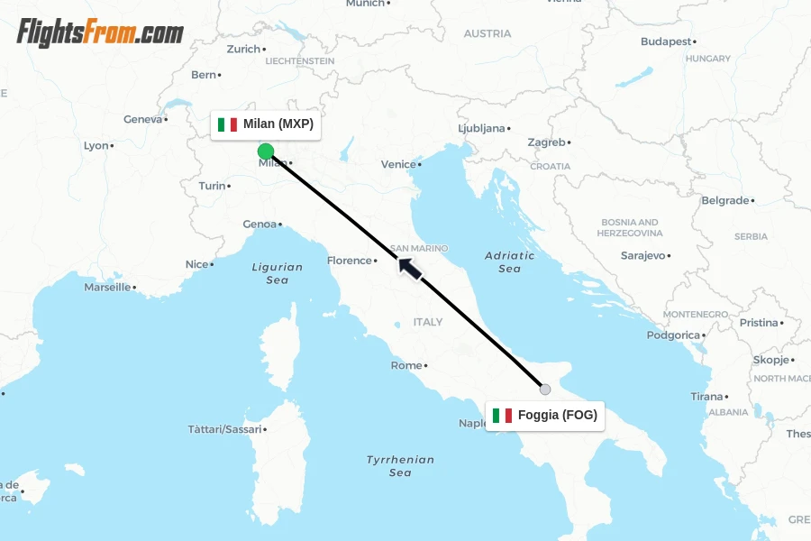 Flights from Foggia to Milan route map
