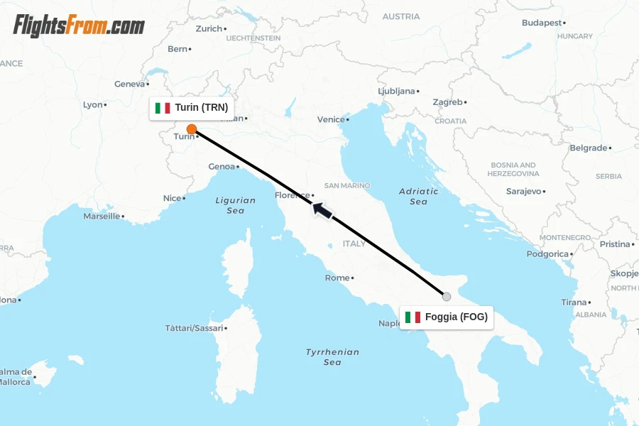 Flights from Foggia to Turin route map